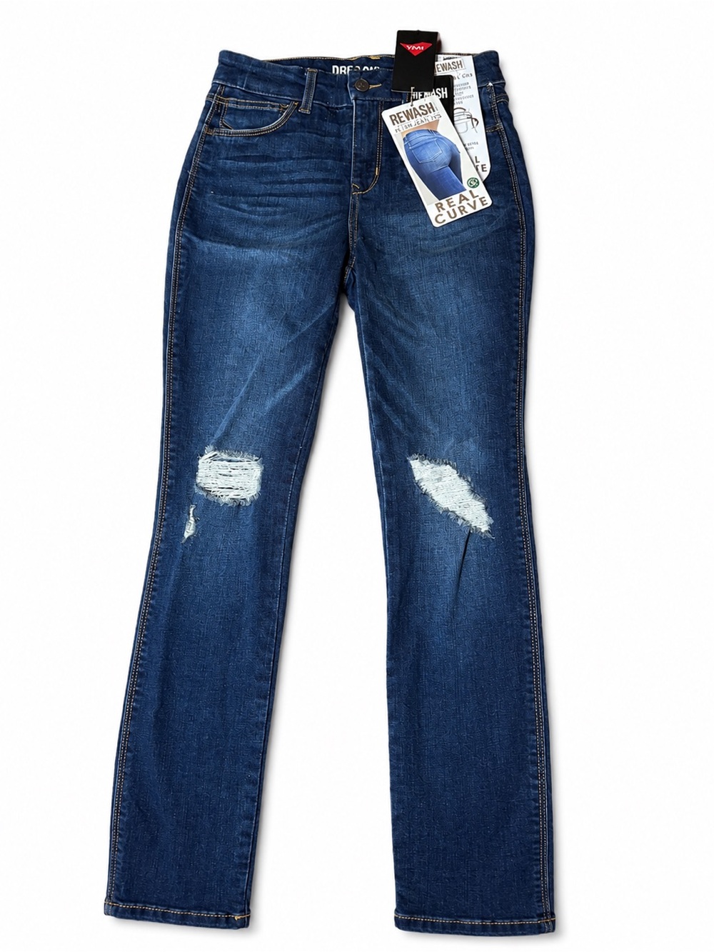 Rewash Women's Dark Blue Distressed Straight Leg Jeans